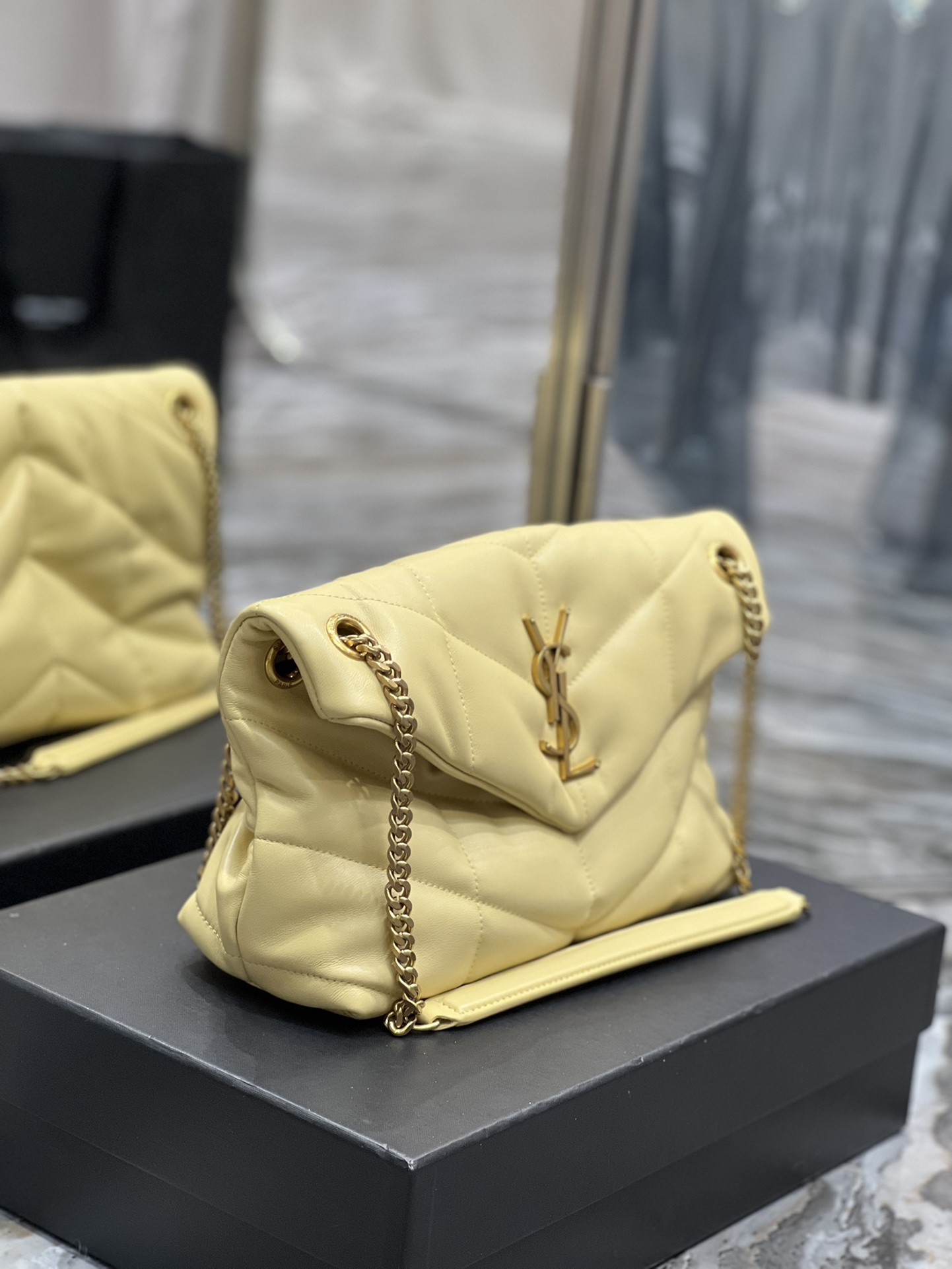 Yves Saint Laurent Small LouLou Puffer In Quilted Nappa Leather Light Yellow With Gold Chain