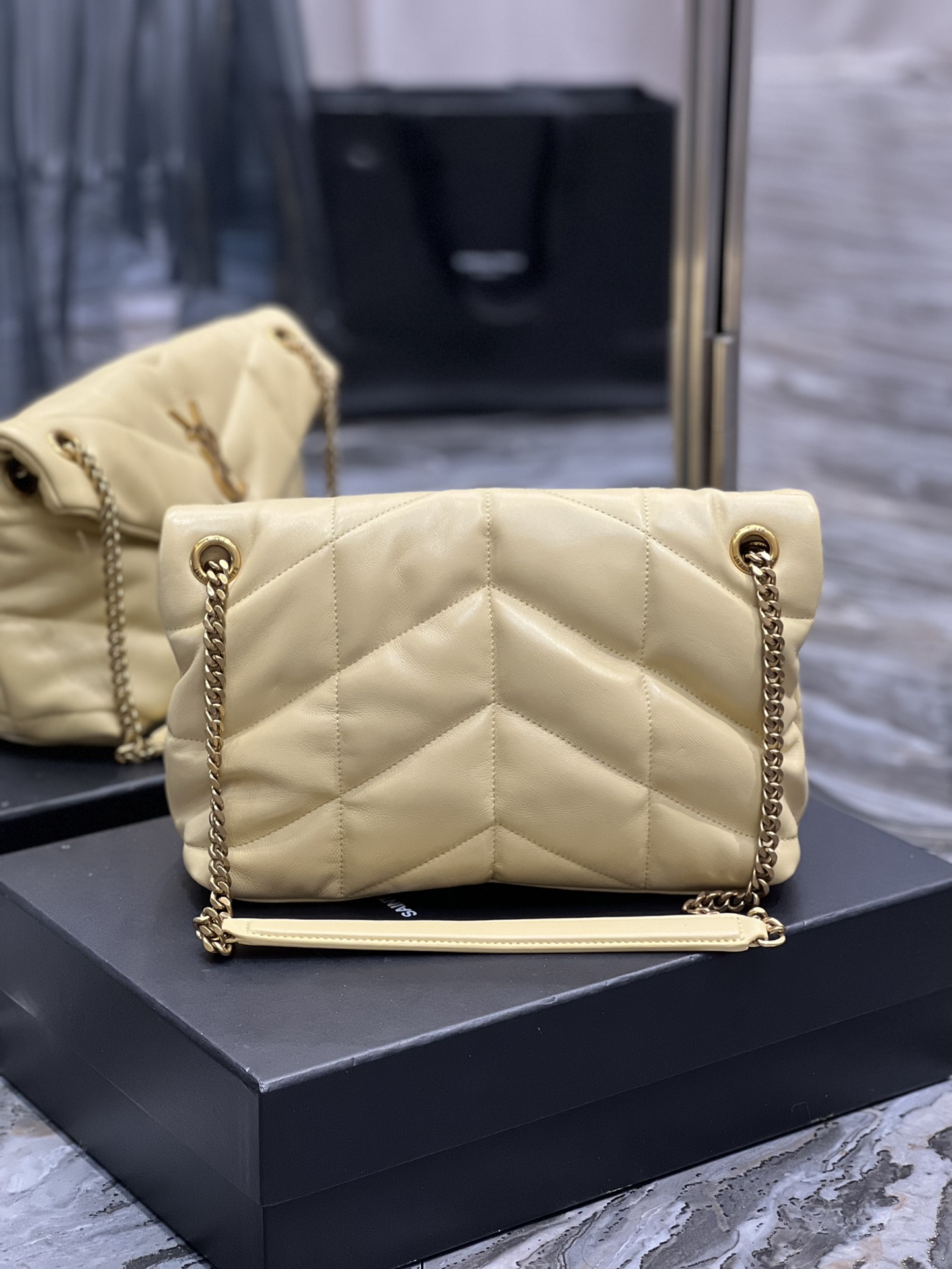 Yves Saint Laurent Small LouLou Puffer In Quilted Nappa Leather Light Yellow With Gold Chain