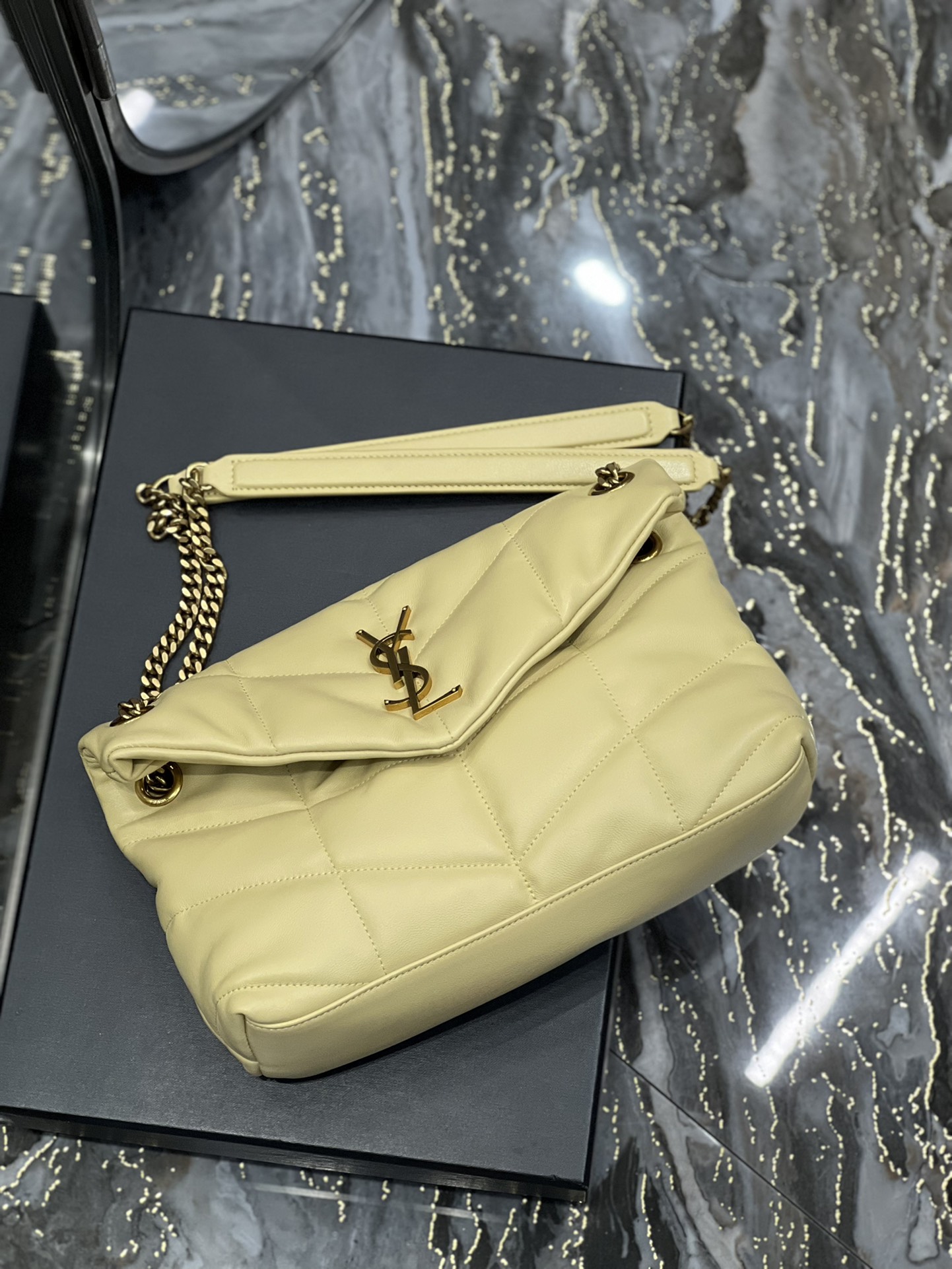 Yves Saint Laurent Small LouLou Puffer In Quilted Nappa Leather Light Yellow With Gold Chain