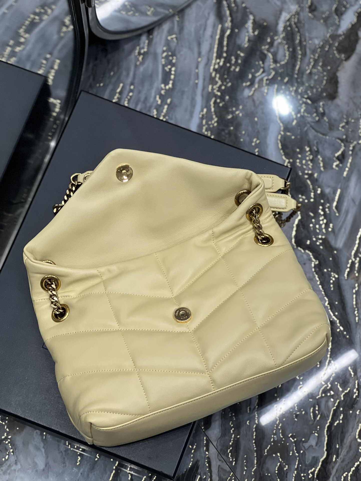 Yves Saint Laurent Small LouLou Puffer In Quilted Nappa Leather Light Yellow With Gold Chain