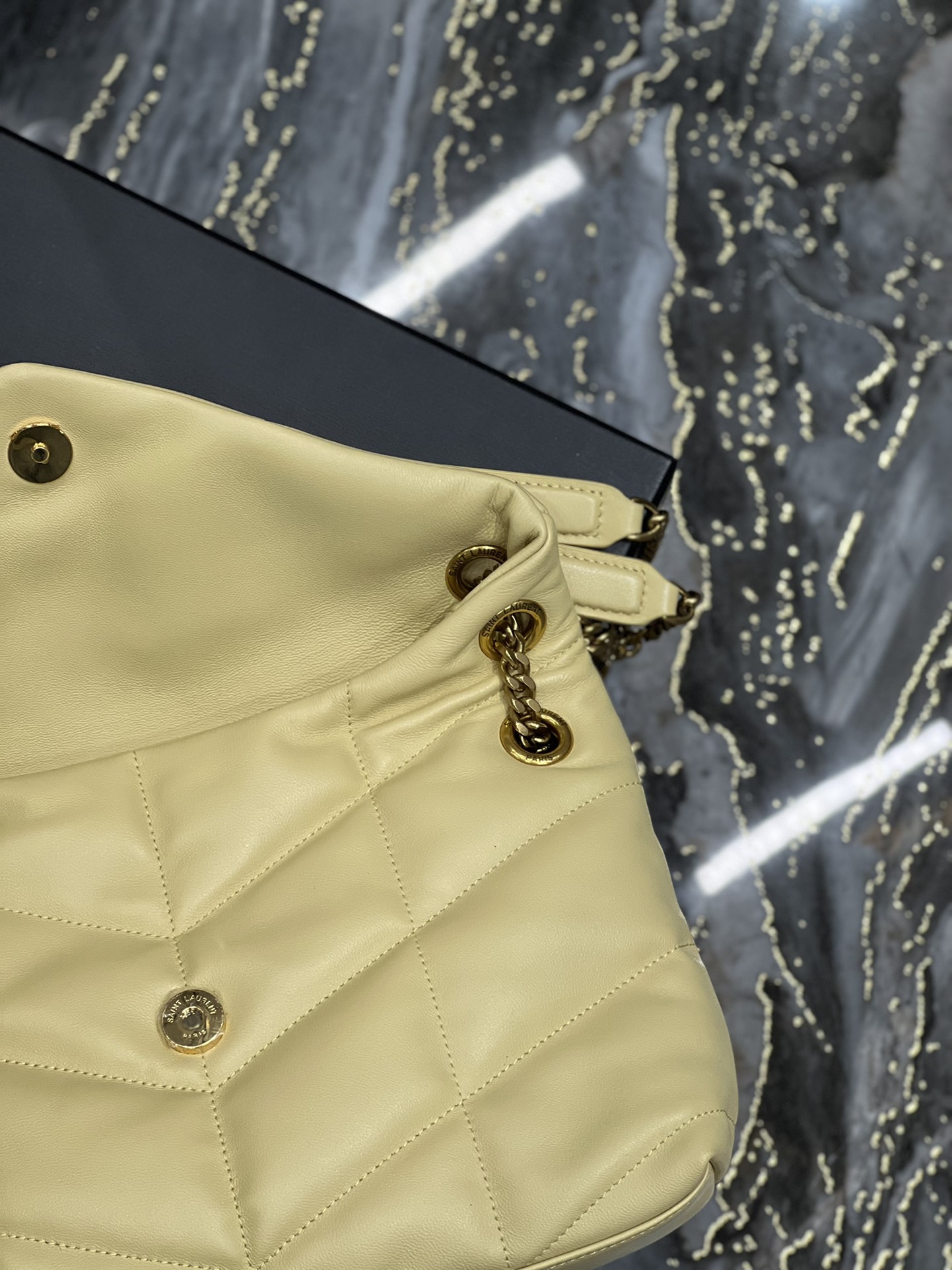 Yves Saint Laurent Small LouLou Puffer In Quilted Nappa Leather Light Yellow With Gold Chain