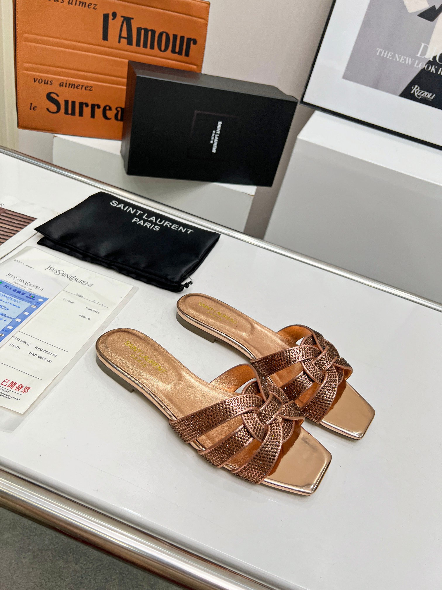 Yves Saint Laurent Women Ostrich Pattern Flat Sandals-0038 35-43
