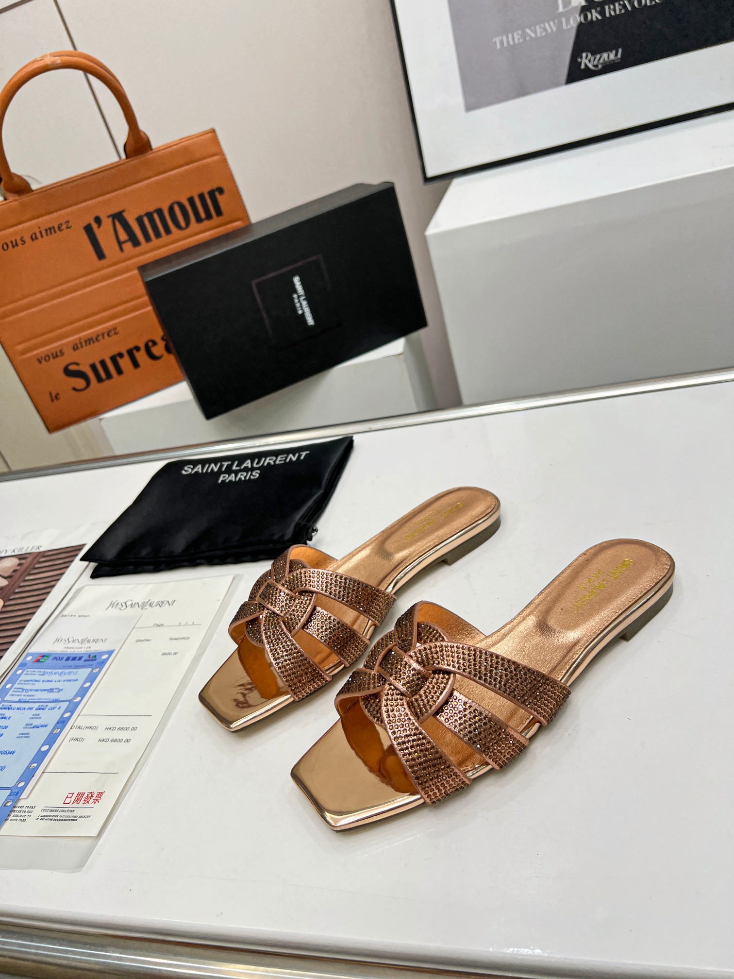 Yves Saint Laurent Women Ostrich Pattern Flat Sandals-0038 35-43