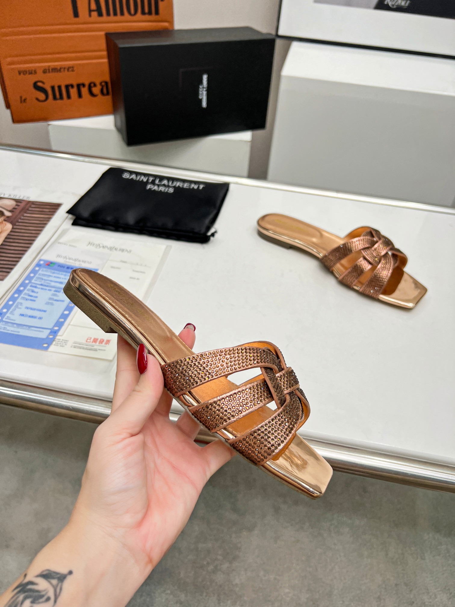 Yves Saint Laurent Women Ostrich Pattern Flat Sandals-0038 35-43