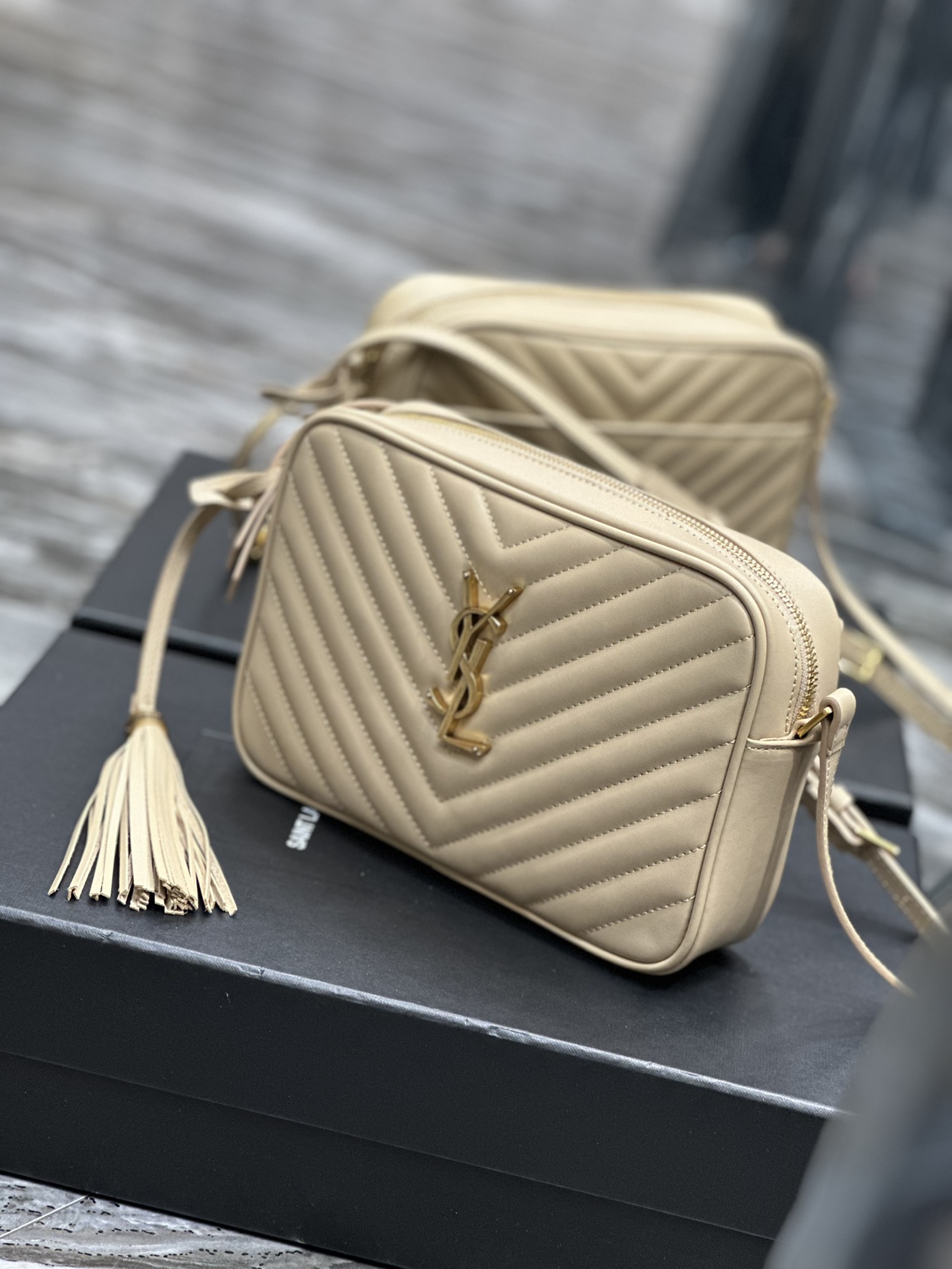 Yves Saint Lou Camera Bag In Quilted Leather Beige with Gold Logo