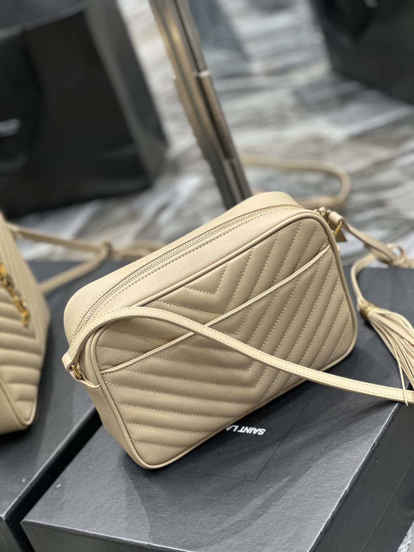 Yves Saint Lou Camera Bag In Quilted Leather Beige with Gold Logo