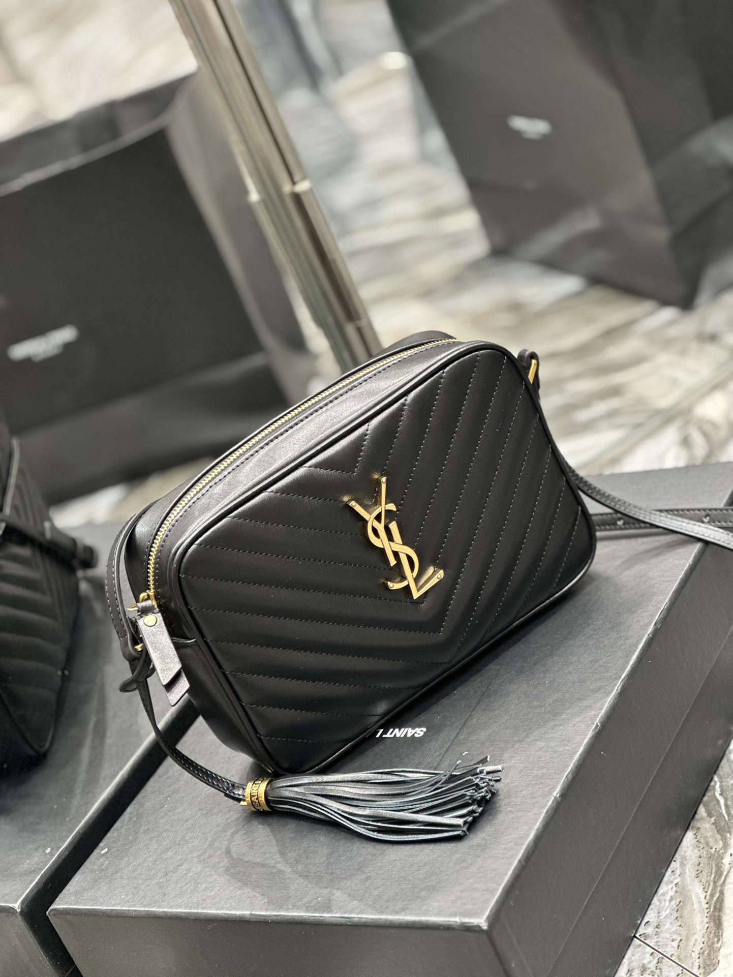 Yves Saint Lou Camera Bag In Quilted Leather Black with Gold Logo