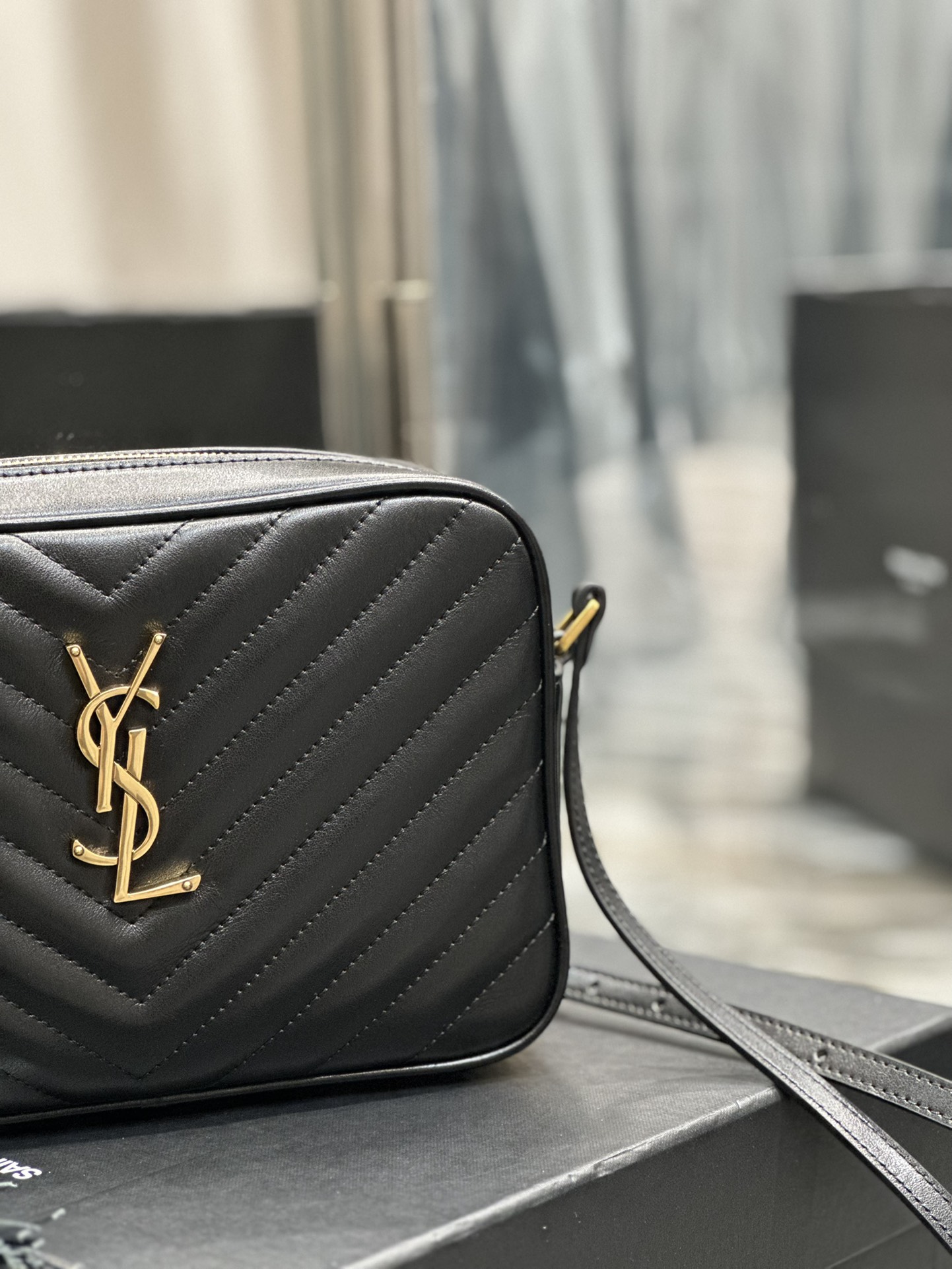 Yves Saint Lou Camera Bag In Quilted Leather Black with Gold Logo