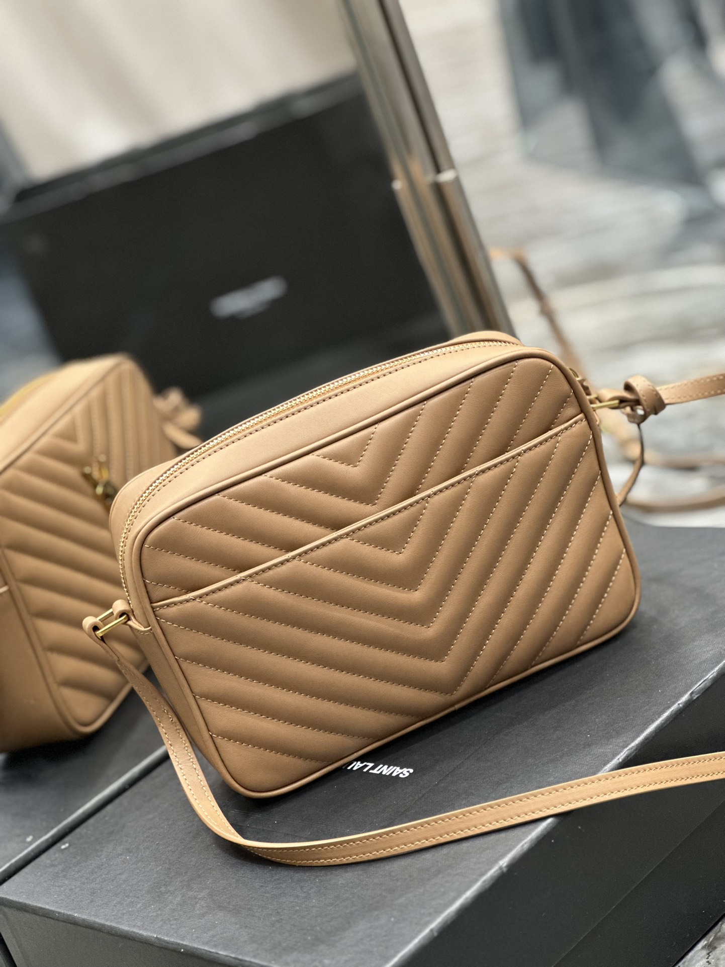 Yves Saint Lou Camera Bag In Quilted Leather Caramel with Gold Logo